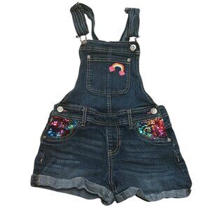 Vtg Jordache Kids Denim Bib Shortalls M(7/8) | Rainbow Sequin Pockets Embroidery